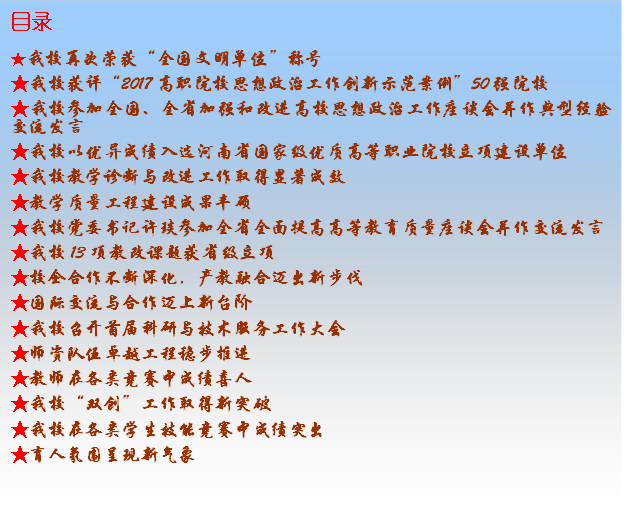 目录★永利官网再次荣获“全国文明单位”称号★永利官网获评“2017高职院校思想政治工作创新示范案例”50强院校★永利官网参加全国、全省加强和改进高校思想政治工作座谈会并作典型经验交流发言★永利官网以优异成绩入选河南省国家级优质高等职业院校立项建设单位★永利官网教学诊断与改进工作取得显著成效★教学质量工程建设成果丰硕★永利官网党委书记许琰参加全省全面提高高等教育质量座谈会并作交流发言★永利官网13项教改课题获省级立项★校企合作不断深化，产教融合迈出新步伐★国际交流与合作迈上新台阶★永利官网召开首届科研与技术服务工作大会★师资队伍卓越工程稳步推进★教师在各类竞赛中成绩喜人★永利官网“双创”工作取得新突破★永利官网在各类学生技能竞赛中成绩突出★育人氛围呈现新气象
